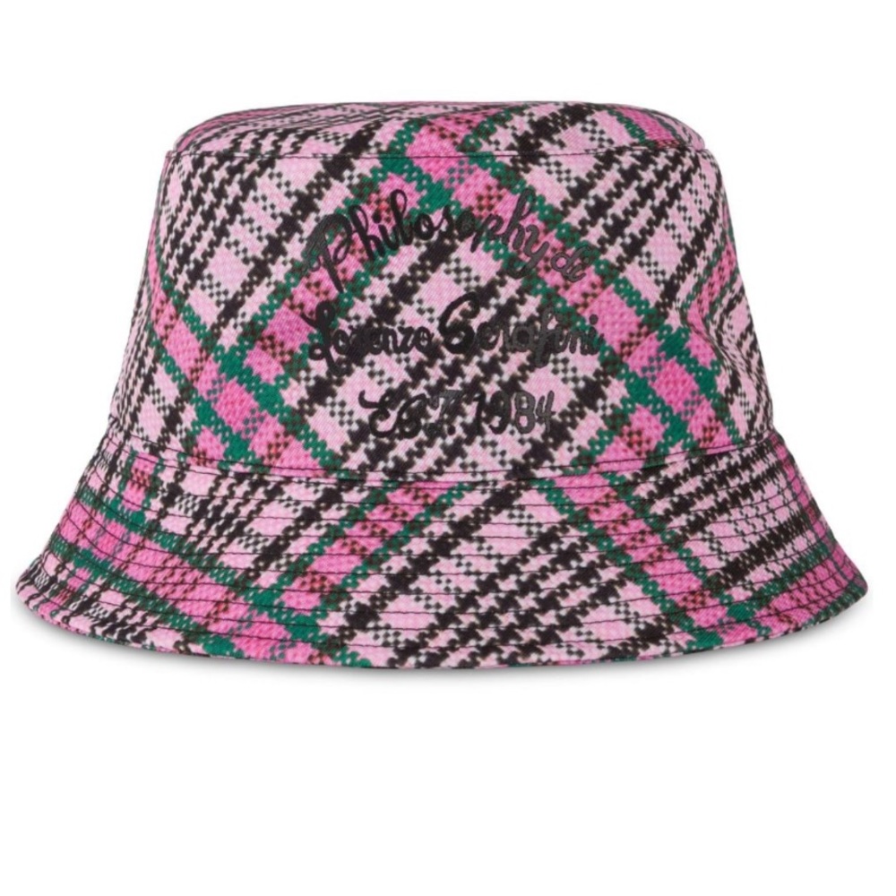 PHILOSOPHY DI LORENZO SERAFINI Plaid Pink Green Logo-Print Checked Bucket Hat